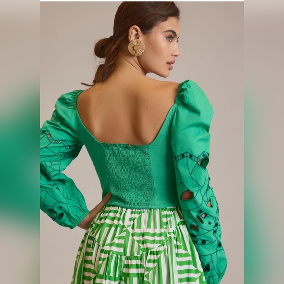 Anthropologie Green Puff Sleeve Blouse - Picture 2 of 7